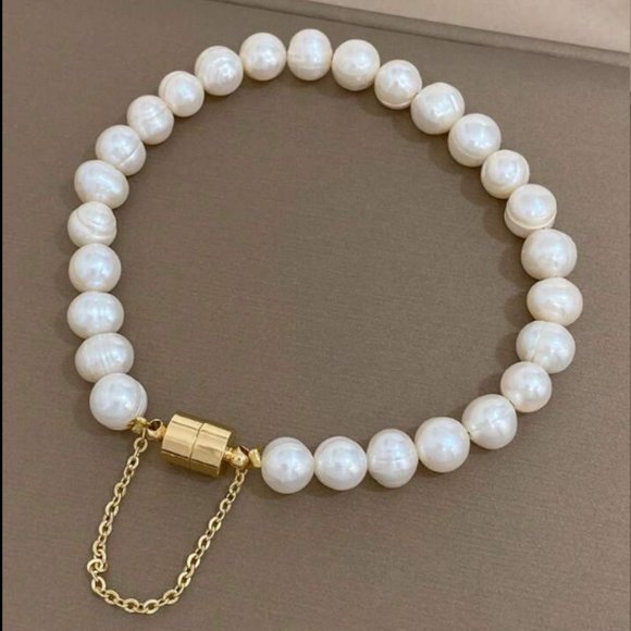 Zara Gold Irregular Baroque Keshi Pearls White Freshwater Pearl Chain Bracelet - Picture 5 of 16